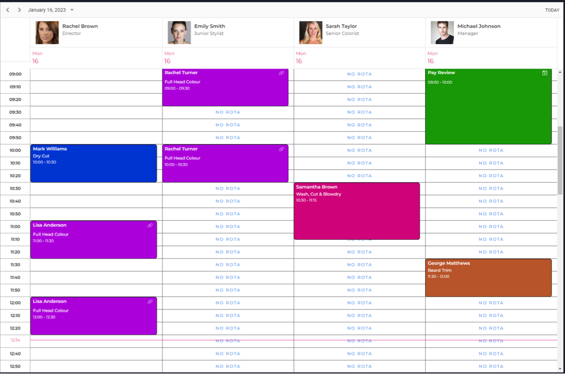 Revyfy appointment diary showing day view with colour-coded bookings across staff columns