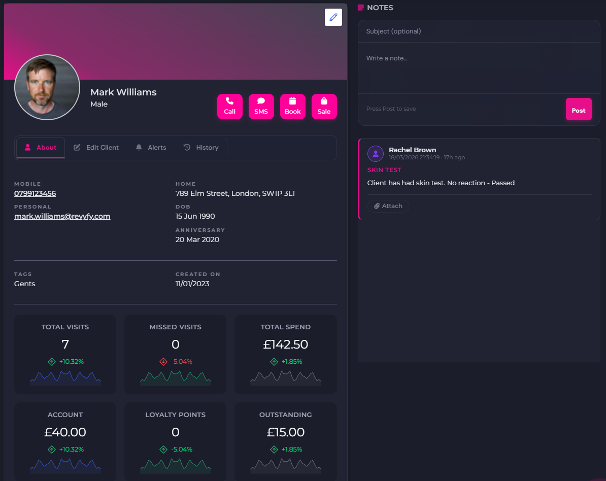 Revyfy client profile showing visit history, purchase records, notes, and contact details