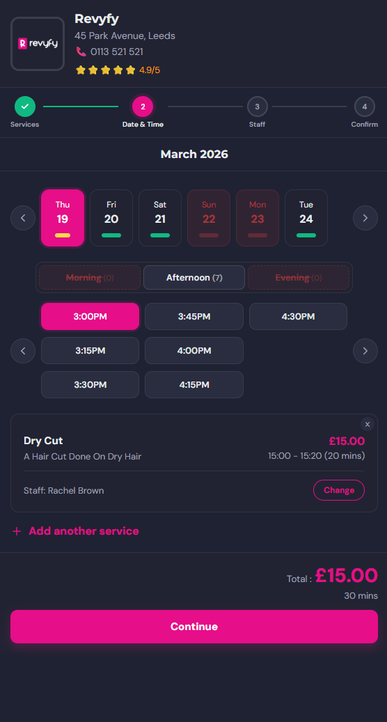 Revyfy online booking portal showing date picker, available time slots, and service summary
