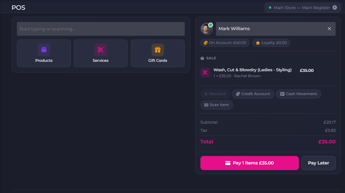 Revyfy point of sale screen showing checkout with card payment, gift cards, and rebooking prompt